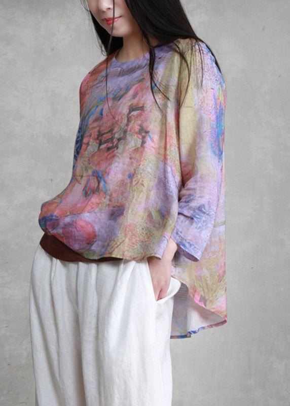 Unique O-neck Print Asymmetrical Low High Design Tie Waist Linen Top Long Sleeve
