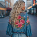 Comstylish Vintage Pink Roses Embroidered Linen Blend T-shirt