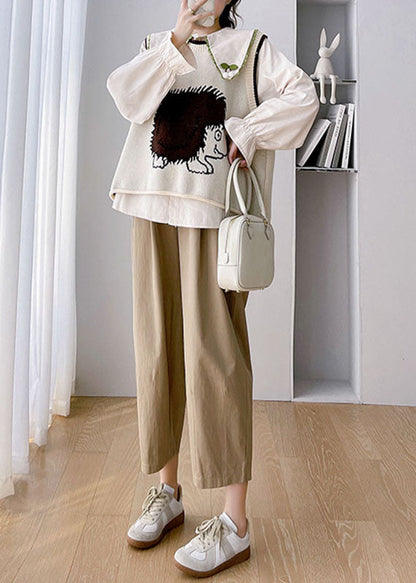 Unique Khaki Animal Print Knit Waistcoat Shirts and Crop Pants Three Piece Set Fall