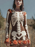 Comstylish Halloween Skeleton & Floral Art Women's Knit Mini Dress