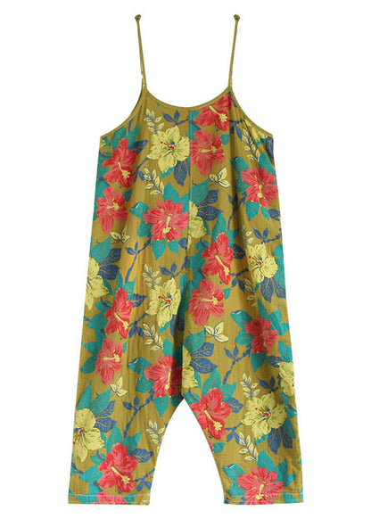 Yellow Oversized Print Cotton Jumpsuit Ripped Jeans Spring