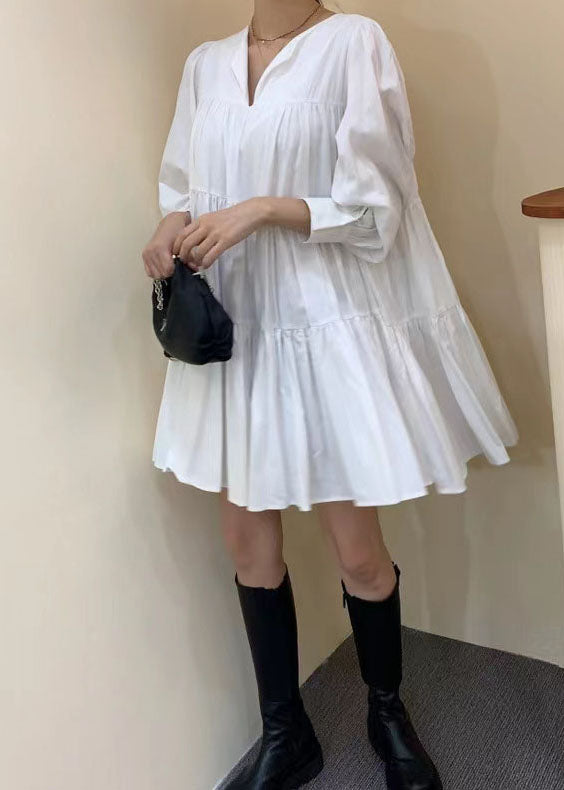 White V Neck Patchwork Wrinkled Cotton Dress Long Sleeve