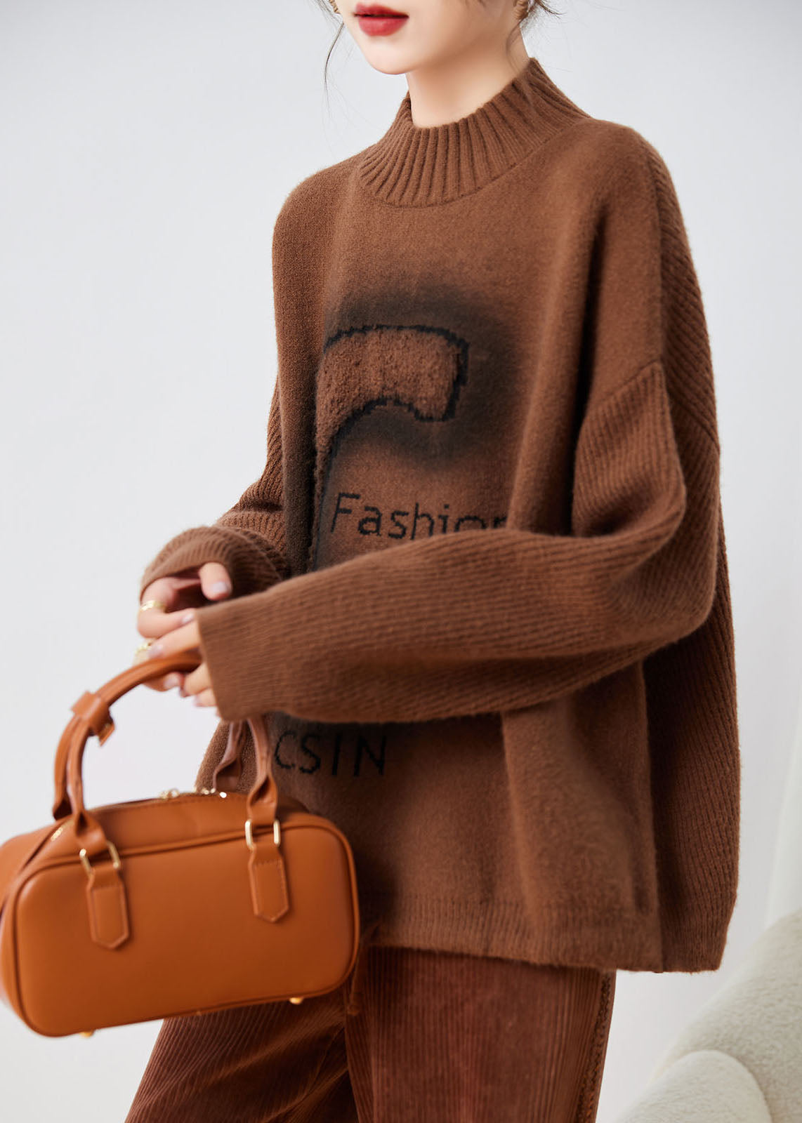 Coffee Turtleneck Alphabet Print Thick Cotton Knit Sweaters Long Sleeve