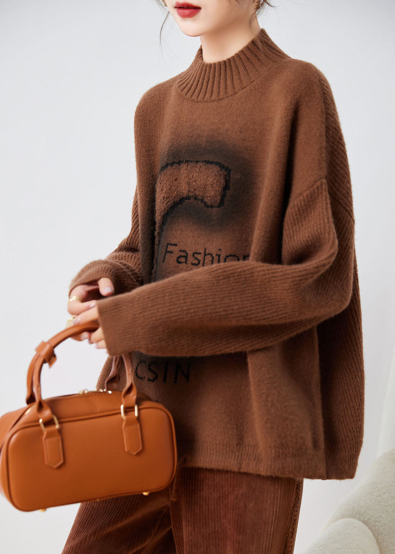 Coffee Turtleneck Alphabet Print Thick Cotton Knit Sweaters Long Sleeve