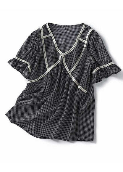Small Plaid Ruffled Patchwork Silk Tops Summer