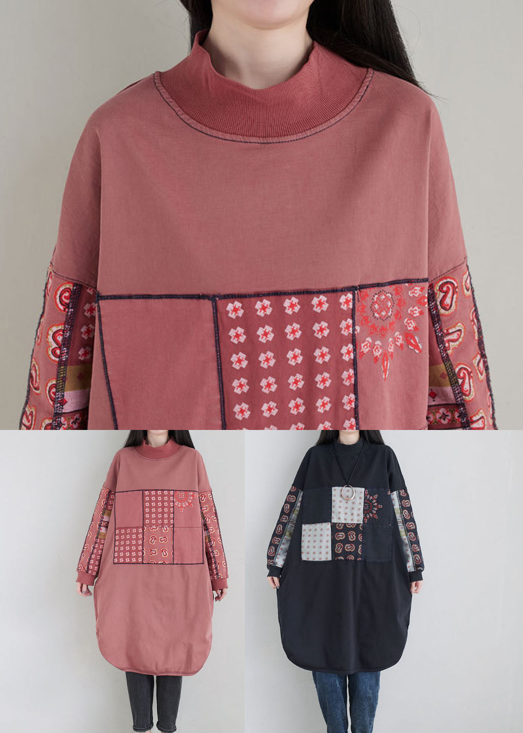Pink Stand Collar Print Cotton Loose Sweatshirt Dress Spring