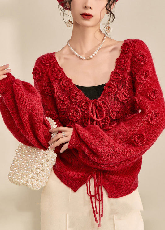 Style Red V Neck Drawstring Cotton Knit Sweater Lantern Sleeve