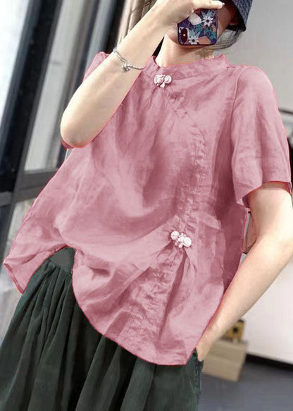 Pink Stand Collar Patchwork Bow Shirt Short Sleeve