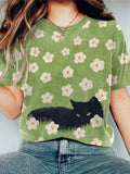 Black Cat In Daisies Meadow Print T-Shirt elevenforest