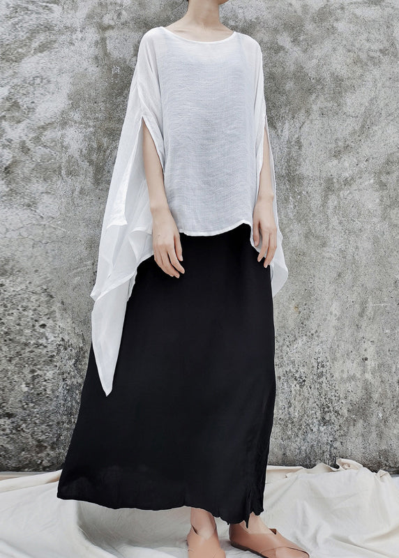 Natural White O-neck Linen Loose Tops Short Sleeve