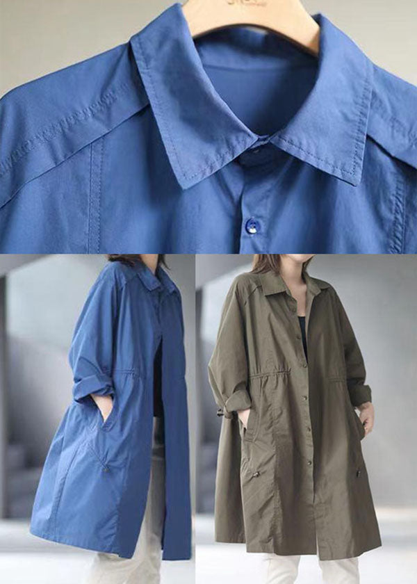 Modern Blue Peter Pan Collar Pockets Cotton Spring Trench Coats
