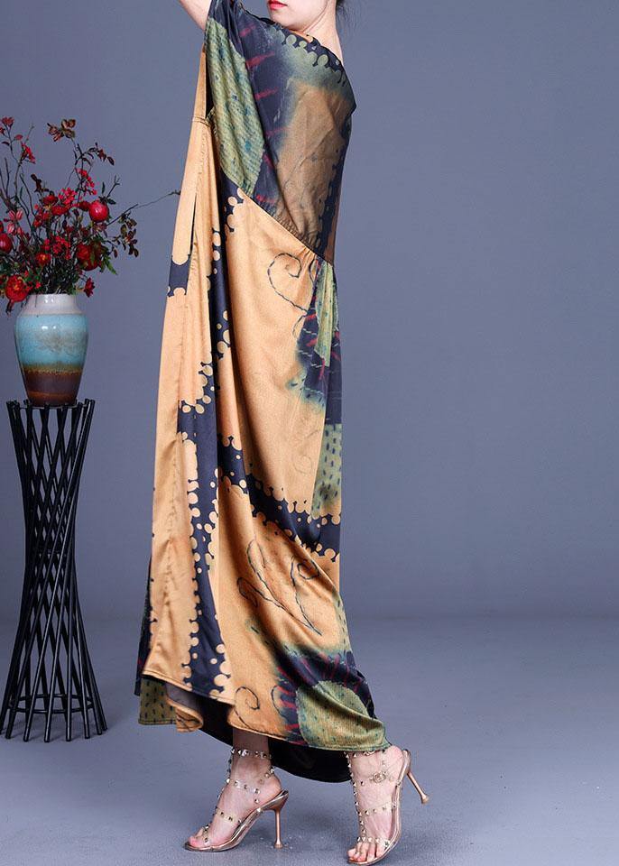 Yellow Print Cinched Summer Silk Party Dresses