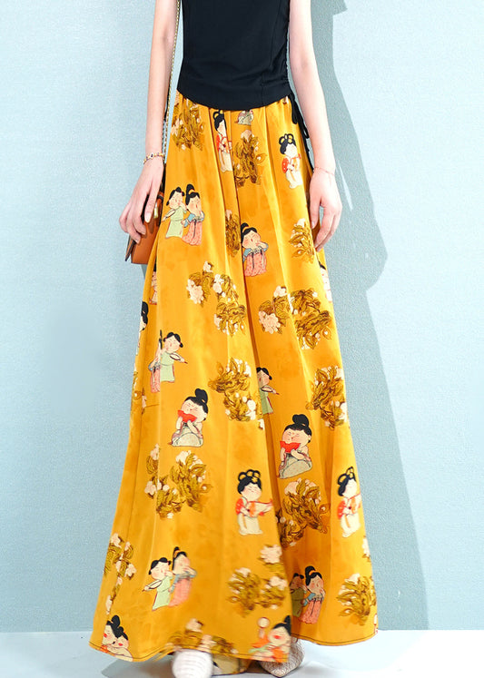 Yellow Print Pockets Oversized Chiffon Pants Skirt Summer