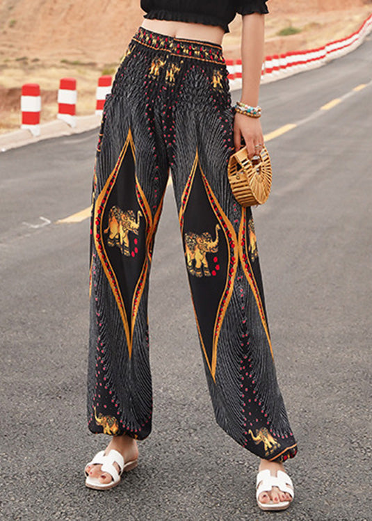 Black Elastic Waist Print Lantern Pants Summer