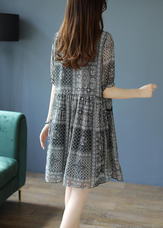 Black O-neck Ruffled Print Chiffon Party Dress Summer