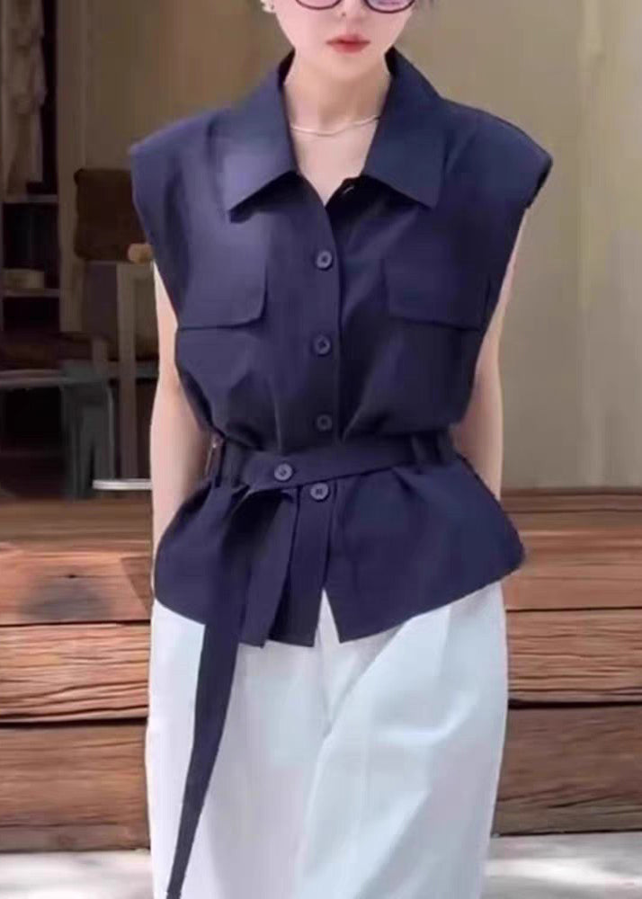 Navy Peter Pan Collar Button Cotton Shirt Sleeveless