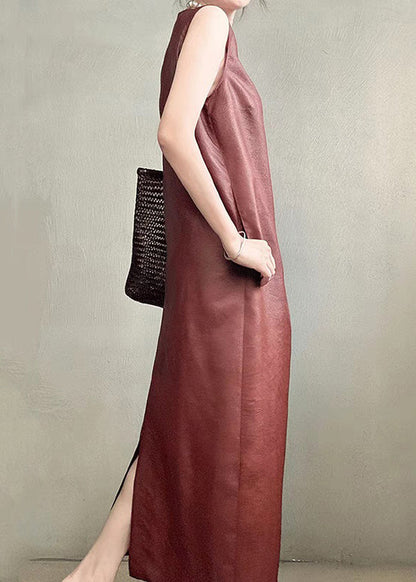 Red Pockets Back Side Open Silk Long Dress Sleeveless Summer