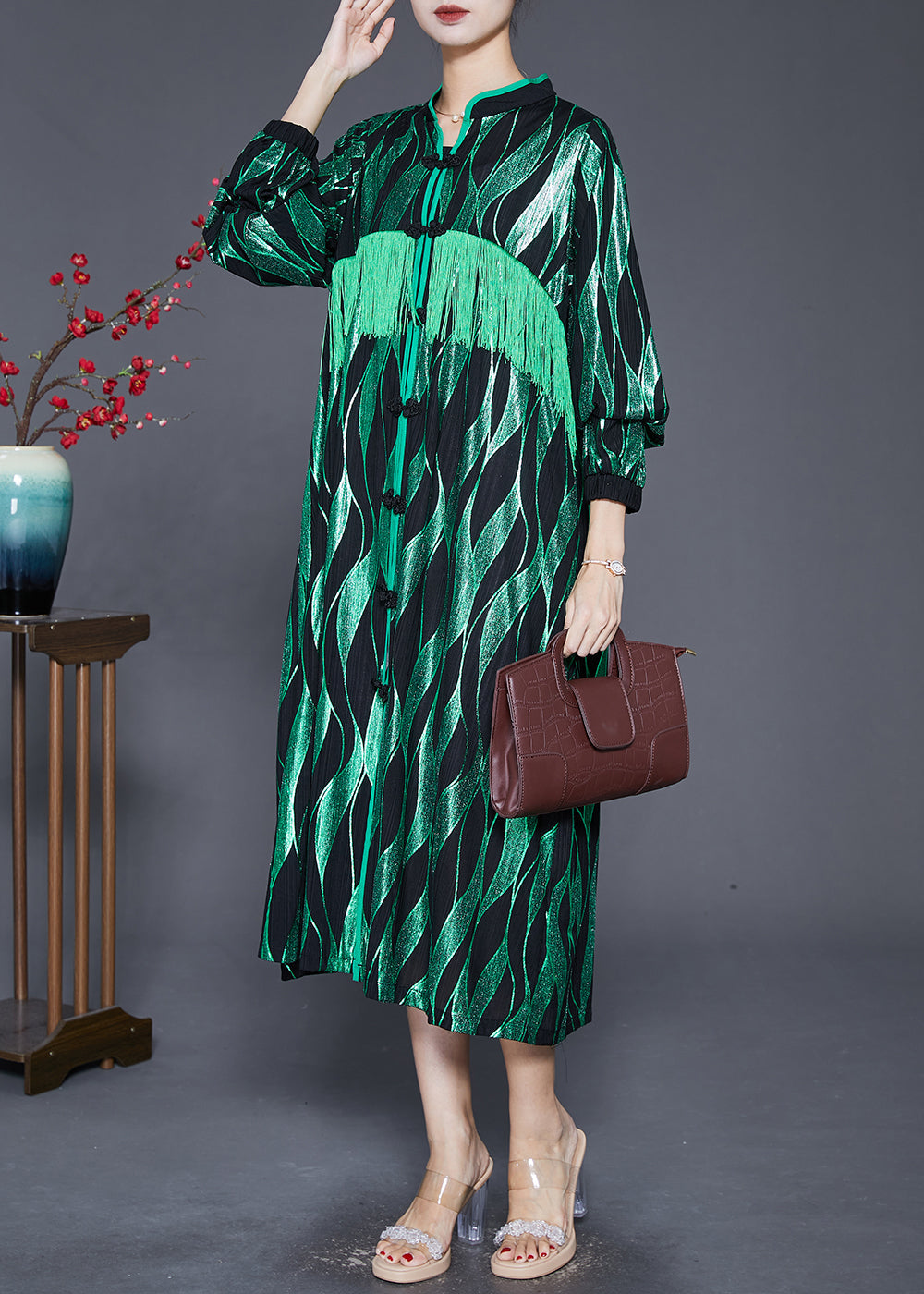 Green Striped Tasseled Chinese Button Silk Maxi Dresses Fall