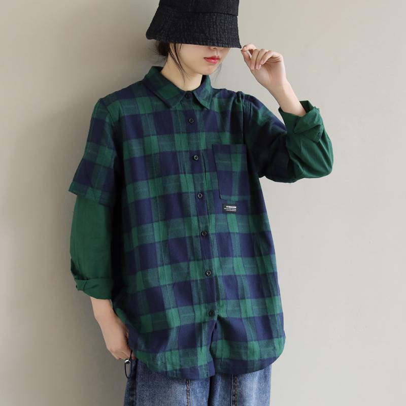 French Blue Green Plaid Tops Blouses Lapel False Two Pieces Shirts