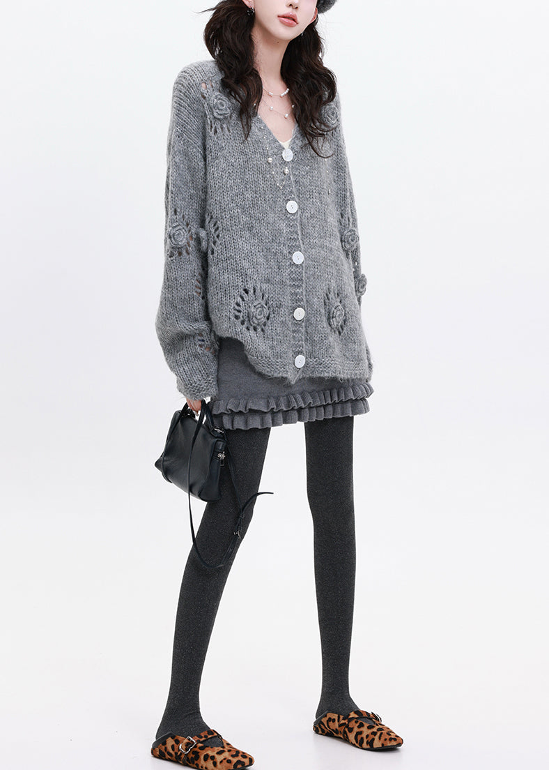 Grey Stereoscopic Knit Loose Coat Oversized Winter