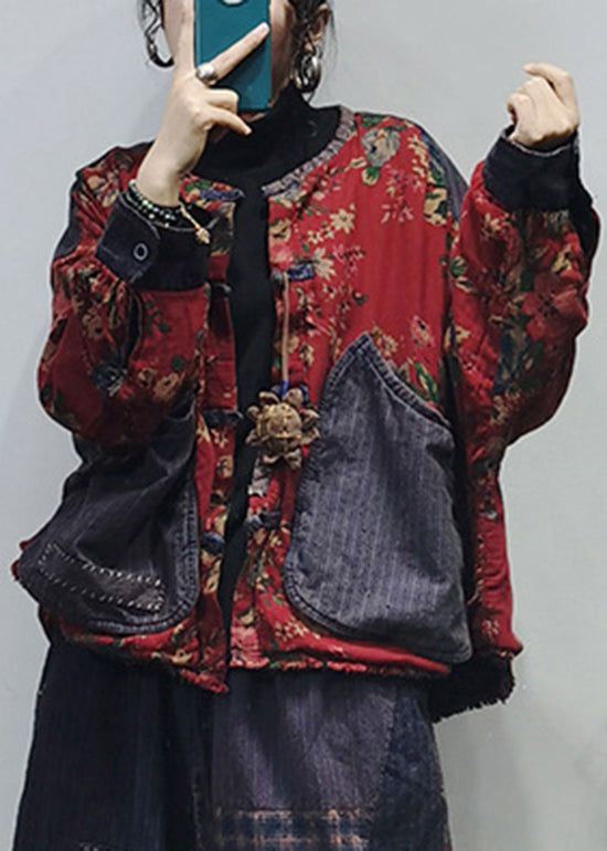 O-neck Button Big Pockets Patchwork Print Cotton Coats Long Sleeve