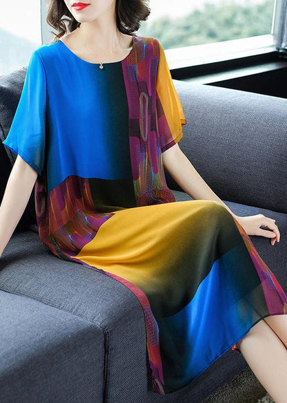 Colorblock O Neck Side Open Patchwork Chiffon Dress Summer