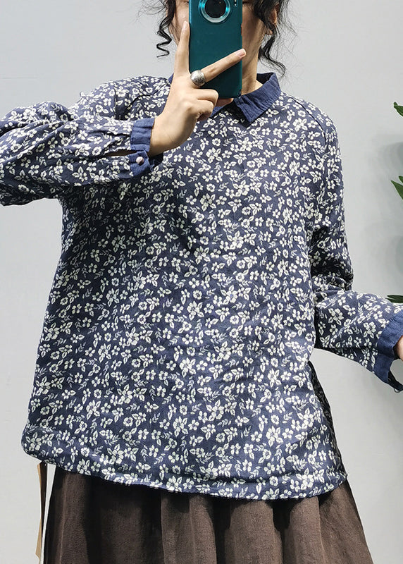 Unique Blue Button Peter Pan Collar Linen Sweatshirts Top Spring