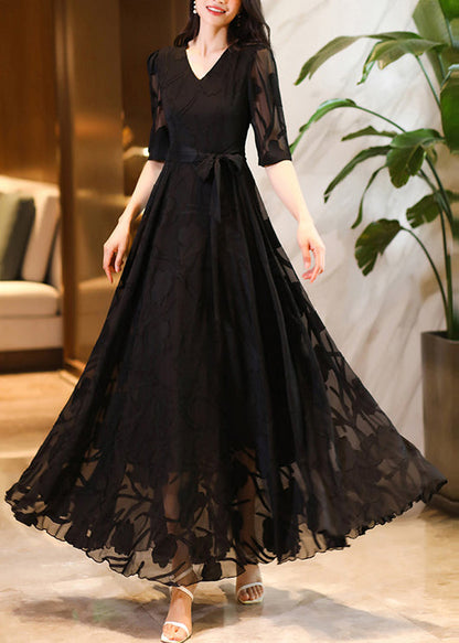 Black V Neck Tie Waist Chiffon Maxi Dresses Summer