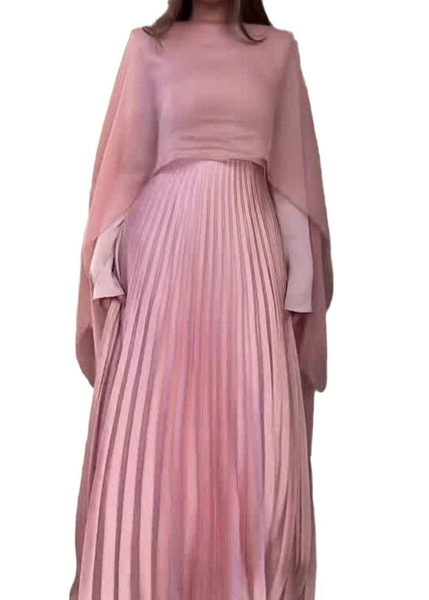 Spring New Pink Pleated Long Sleeved Dress Shawl Set