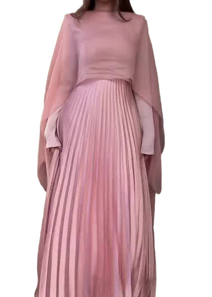 Spring New Pink Pleated Long Sleeved Dress Shawl Set
