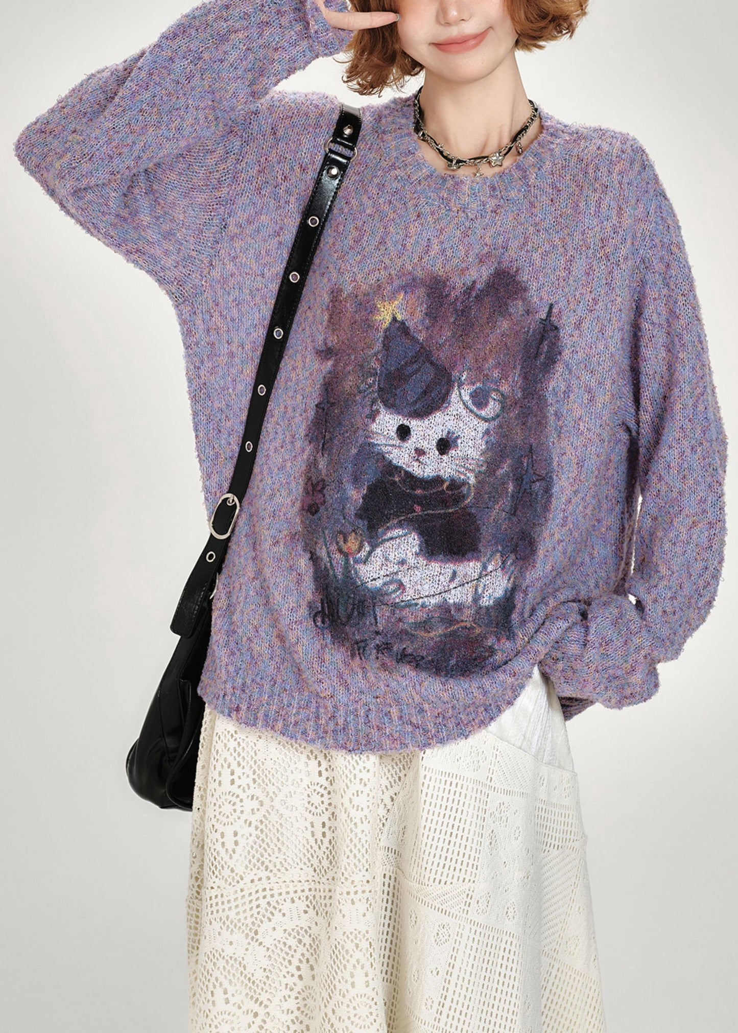 Diy Purple Oversized Print Knitted Tops Winter