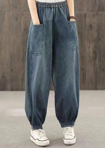Blue Elastic Waist Big Pockets Patchwork Cotton Denim Harem Pants Summer