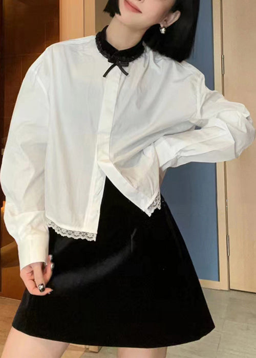 French White Lace Patchwork Cotton Blouse Long Sleeve