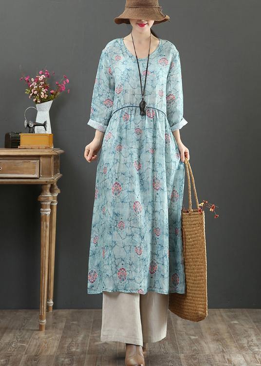 Blue Print Dresses O Neck Cinched Maxi Spring Dresses