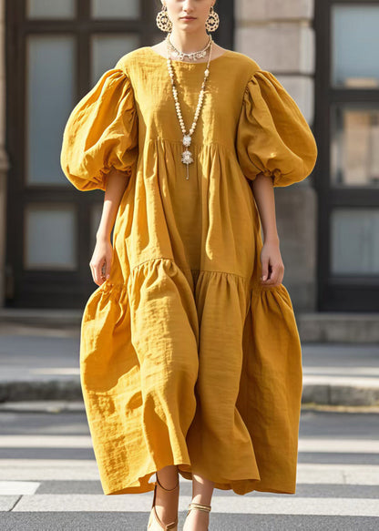 Yellow Puff Sleeve Oversized Cotton Vestidos Dressn Summer