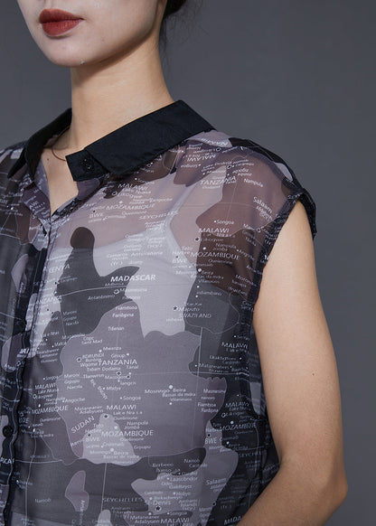 Black Peter Pan Collar Print Tulle Shirts Sleeveless