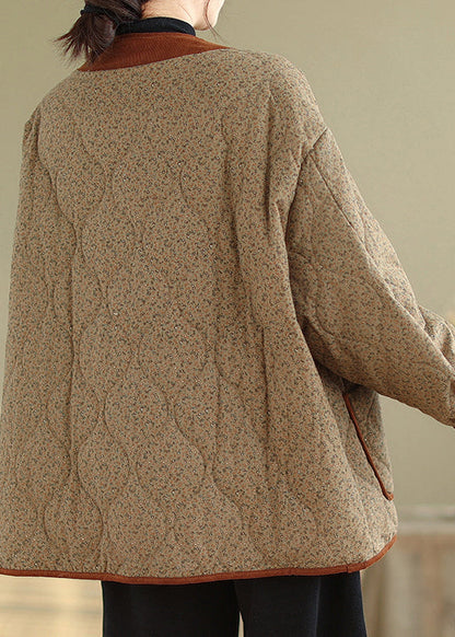 Coffee V Neck Pockets Print Warm Fleece Jackets Winter