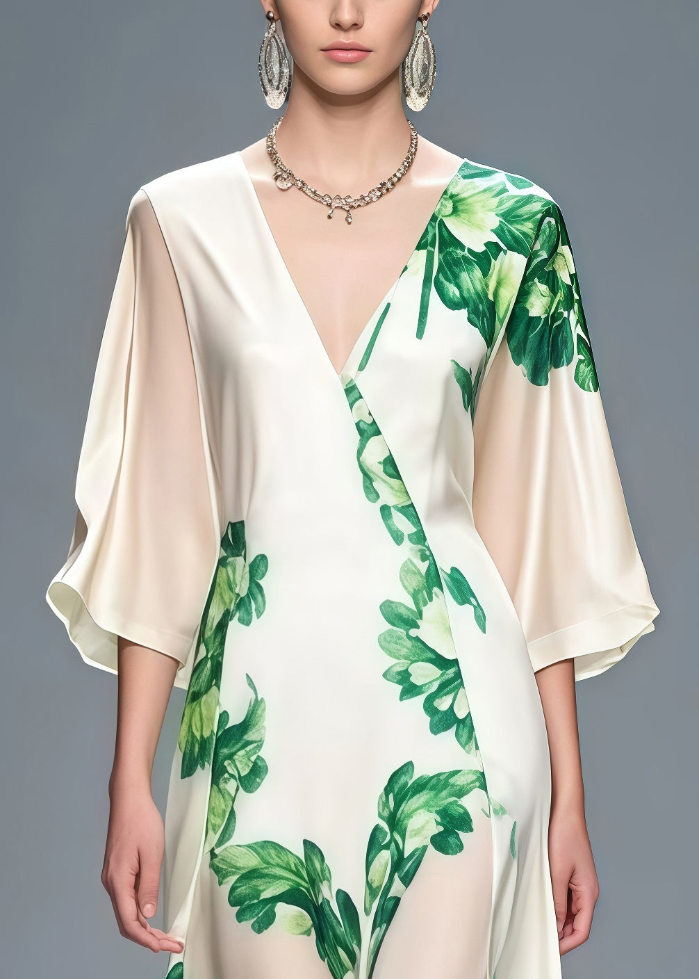White V Neck Print Chiffon Dinner Dress Bracelet Sleeve Summer