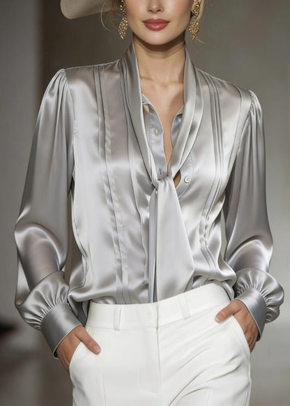 Classy Grey Lace Up Wrinkled Silk Blouses Spring