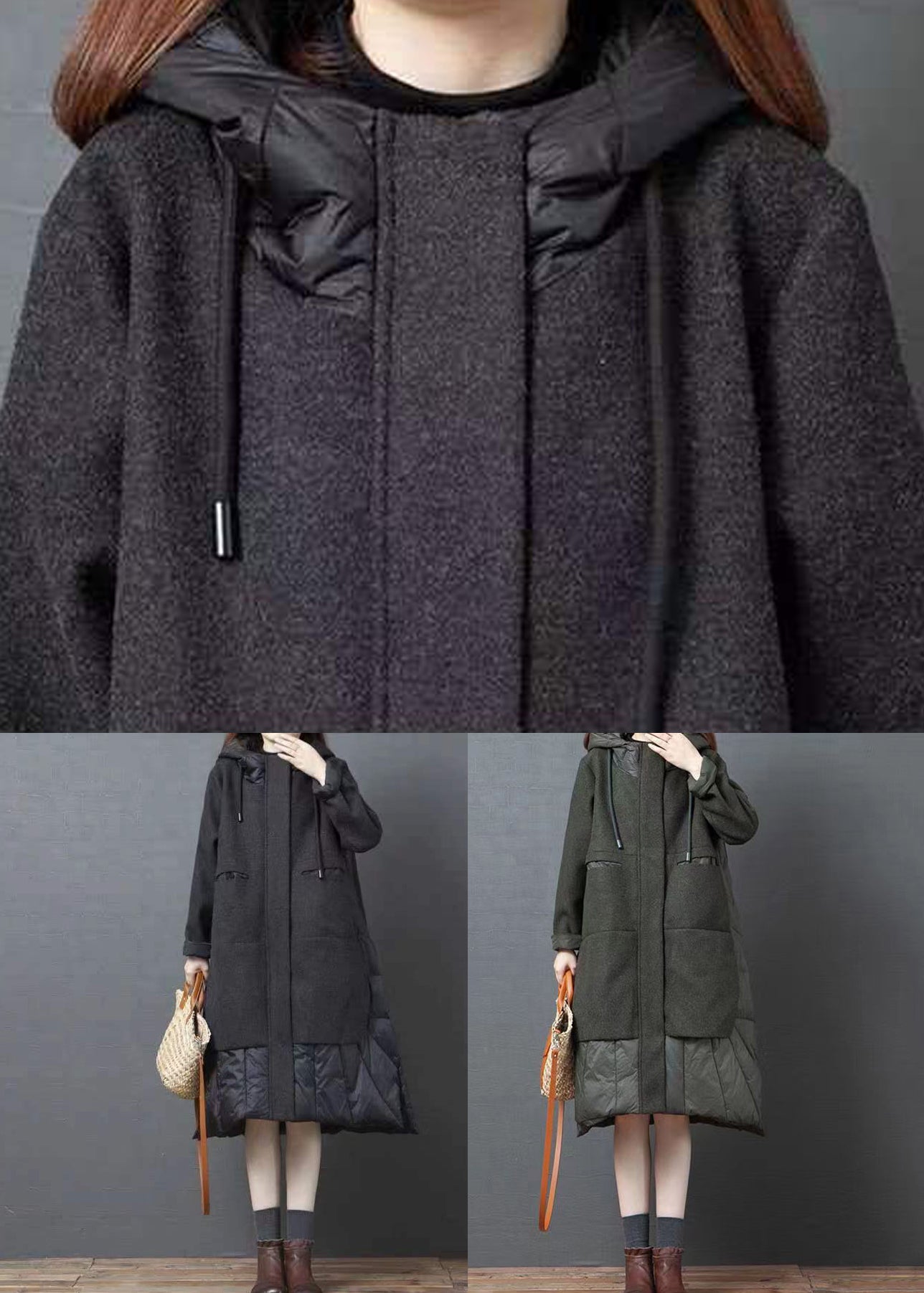 Black Hooded Pockets Patchwork Thick Long Coat Winter