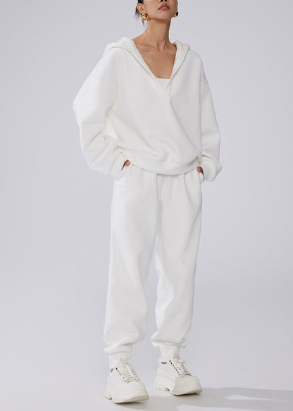 White Pockets Elastic Waist Warm Fleece Winter Two Pieces Set Hooded