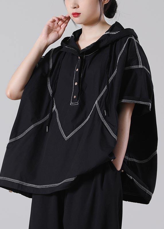 Drawstring Black Drawstring Cotton Blouses Summer