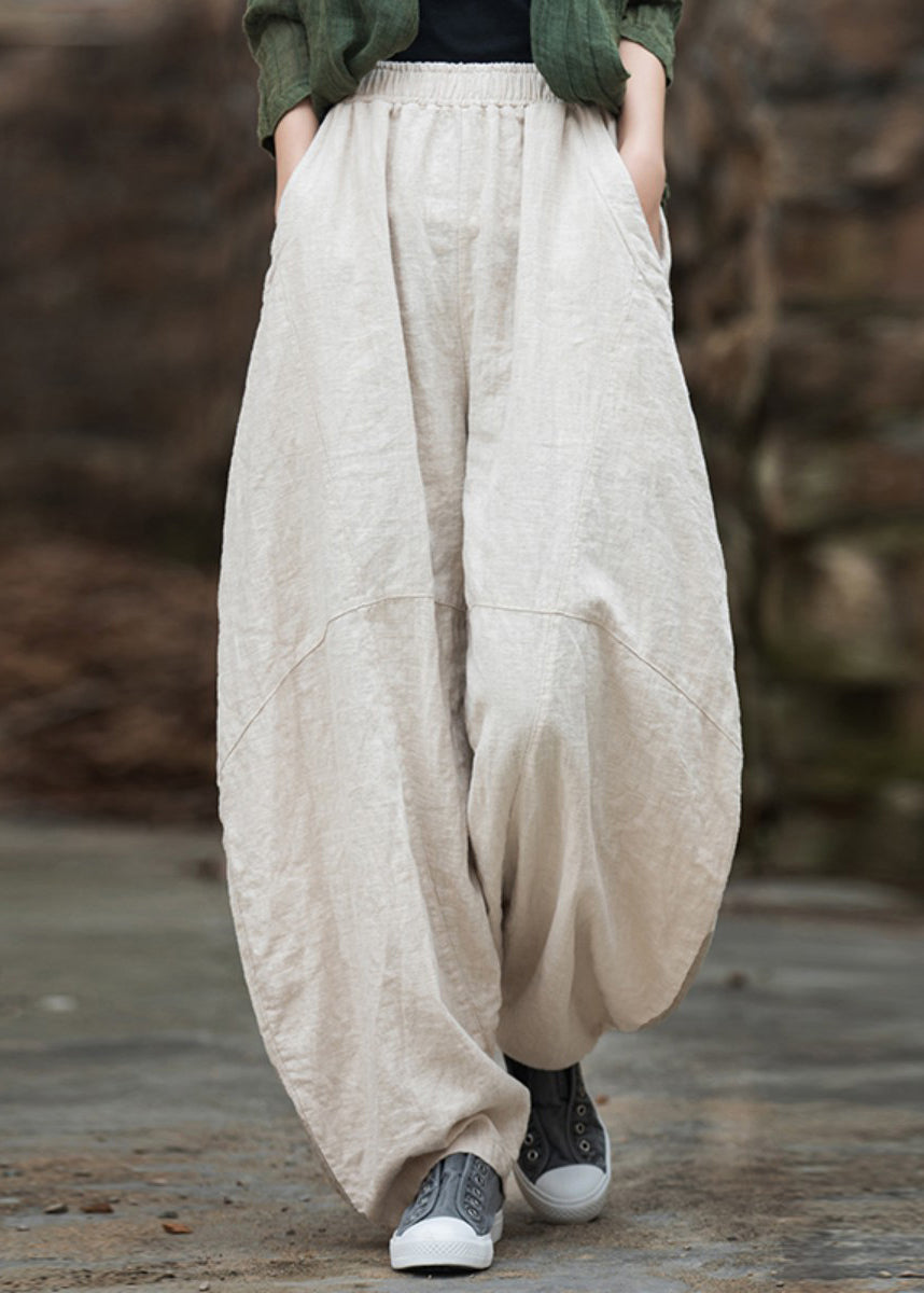 Beige Pockets Patchwork Linen Lantern Pants Elastic Waist Fall