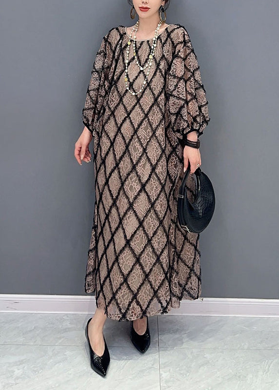 Plaid O Neck Patchwork Tulle Long Dress Fall