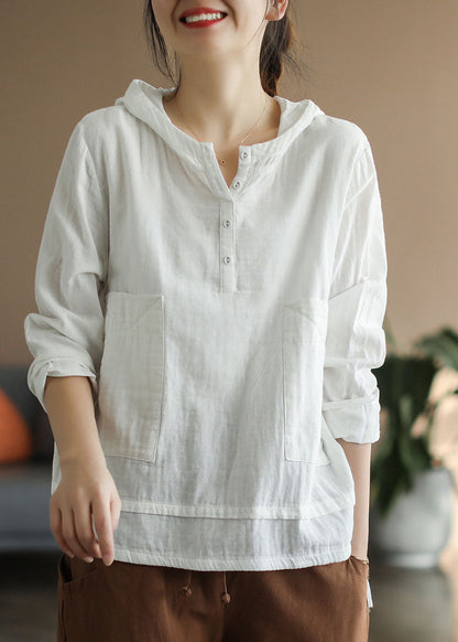 White Pocket Hooded Cotton Top Long Sleeve
