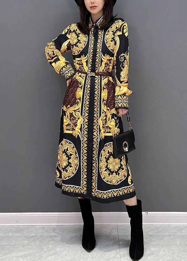 Yellow Print Peter Pan Collar Cotton Shirt Dresses Fall
