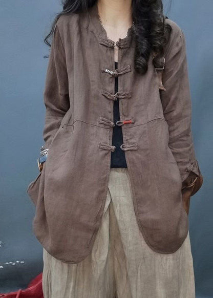 Chocolate Mandarin Collar Button Cotton Linen Coat Long Sleeve