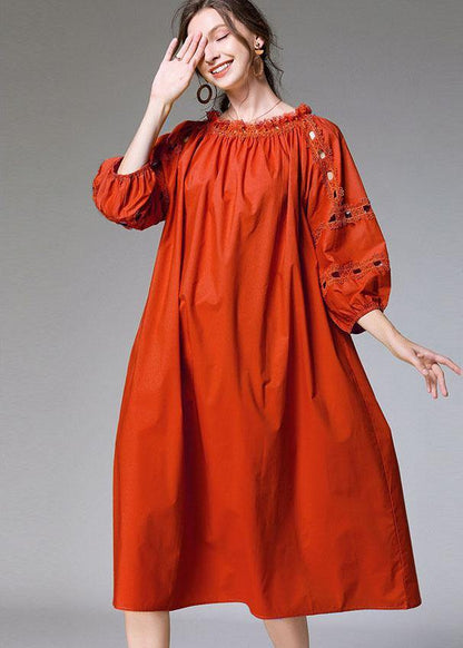 Loose Yellow Hollow Out Embroideried Fall Cotton Half Sleeve Dress