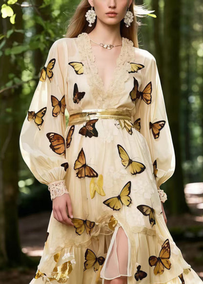 Apricot Butterfly Print Exra Large Hem Chiffon Party Dress Spring