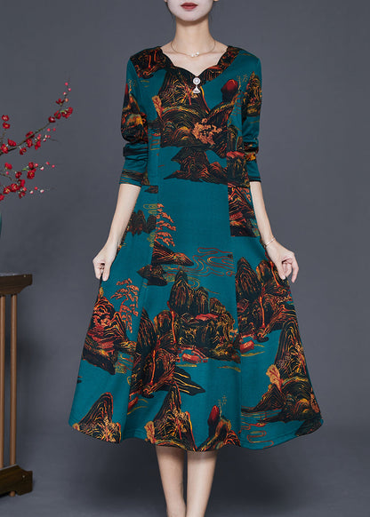 Blackish Green Print Silm Fit Cotton a Line Dresses Fall